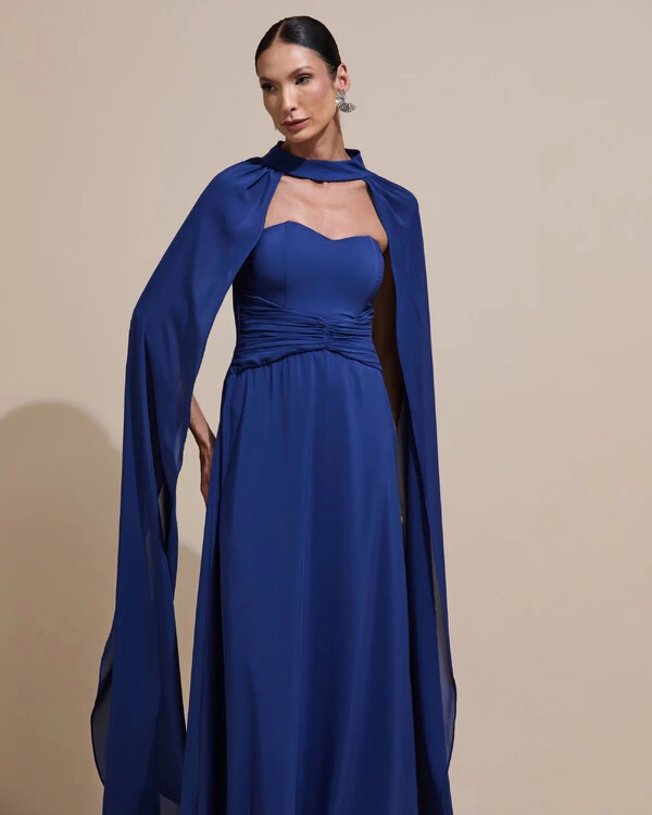 Vestido de Festa Longo Tomara Que Caia Crepe Chiffon Drapeado Capa Azul Marinho