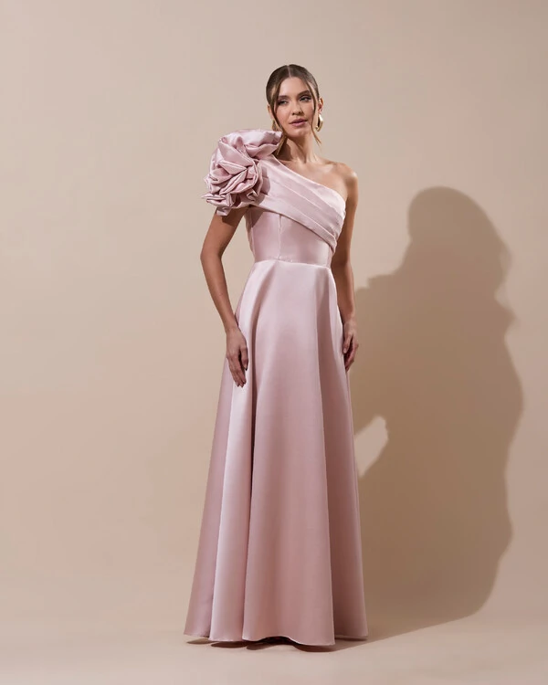 Vestido de Festa Longo Zibeline um Ombro Só Flor Drapeado Rosa Nude