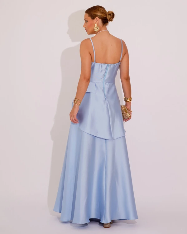Vestido de Festa Zibeline Tomara que Caia com Recortes e Camadas Azul Serenity
