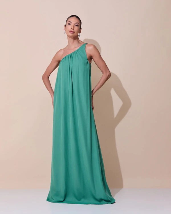 Vestido de Festa Longo Crepe Fluido um Ombro Só com Lenço Verde Matcha Escuro