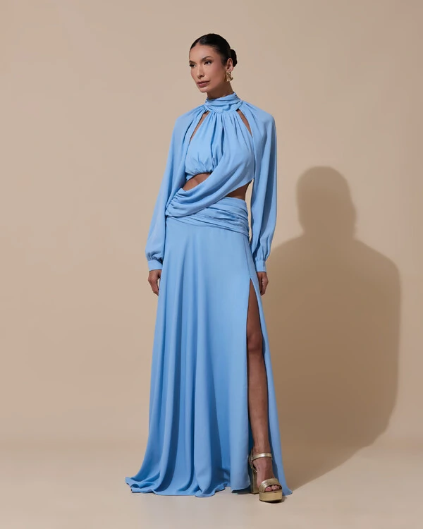 Vestido de Festa Longo Gola Alta Crepe Chiffon Recortes Drapeado Manga Longa Fenda Serenity