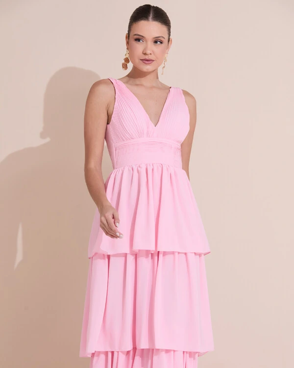 Vestido de Festa Longo Decote V Crepe Chiffon Plissado Camadas Babado Rosa Claro
