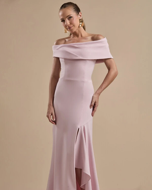 Vestido de Festa Longo Alfaiataria Ombro a Ombro com Babado Cascata Rosa Claro