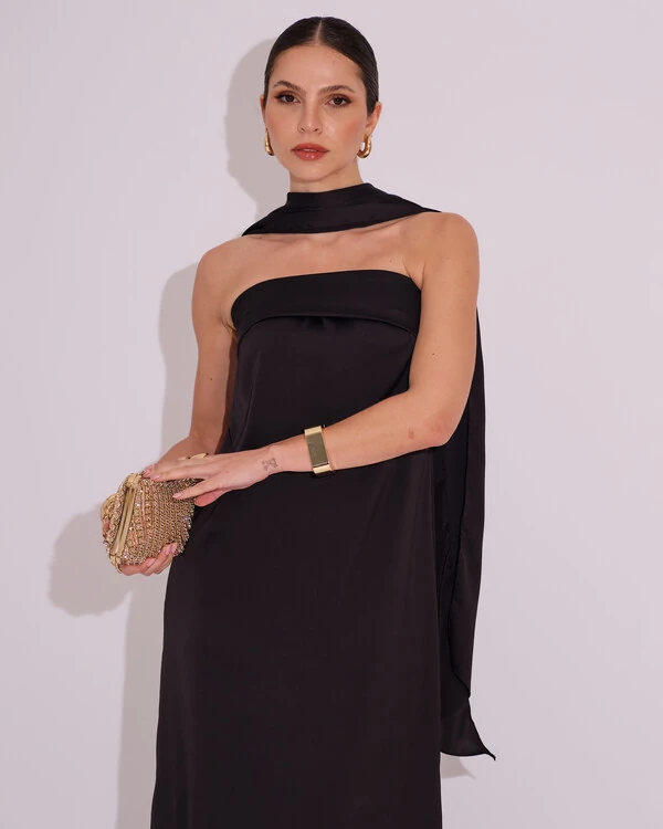 Vestido Longo de Festa Tomara que Caia Cetim com Lenço Preto