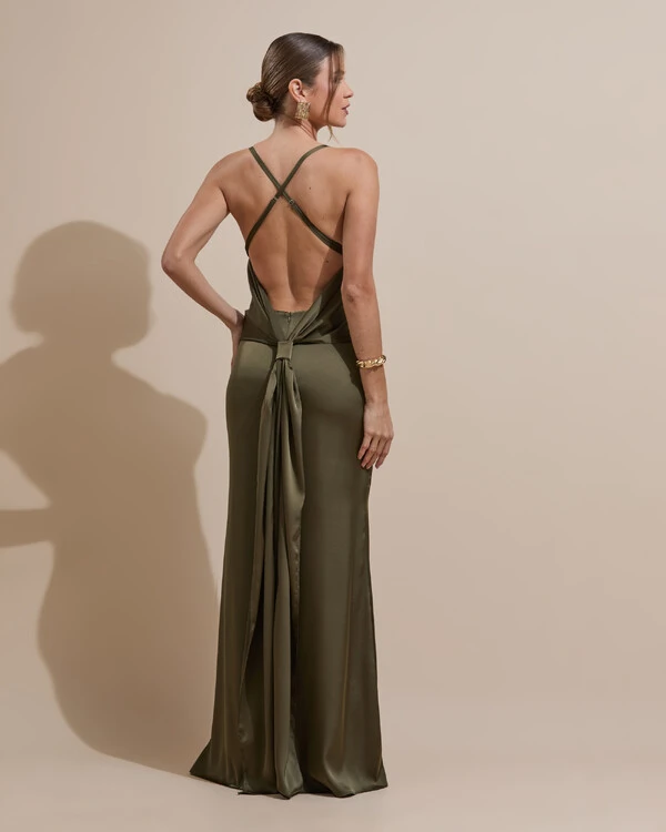 Vestido de Festa Longo Costas Abertas Laço Cetim Decote V Verde Oliva