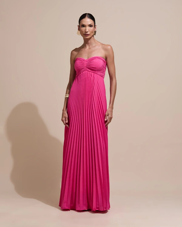 Vestido de Festa Longo Tomara que Caia Plissado com Lenço Pink New