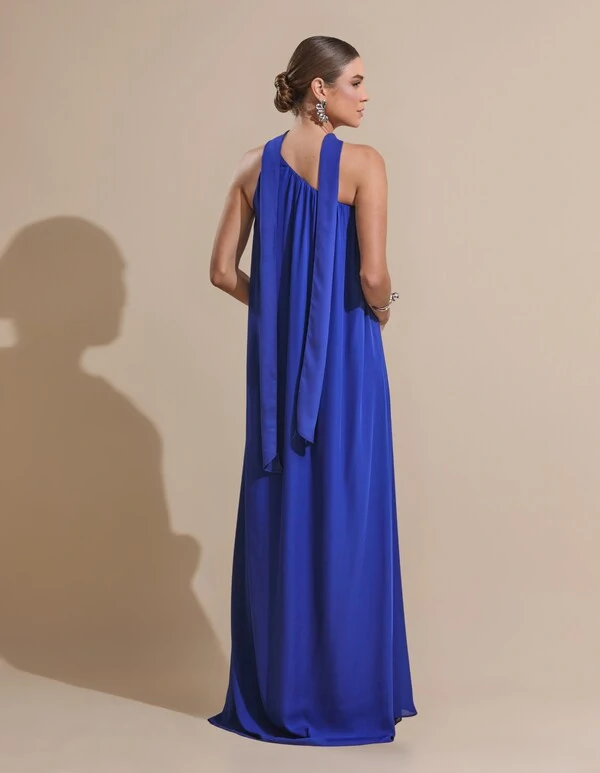 Vestido de Festa Longo Crepe Fluido um Ombro Só com Lenço Azul Royal