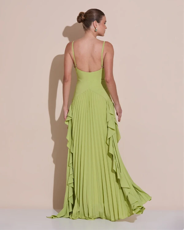 Vestido de Festa Longo Crepe Chiffon Alça Fina Saia Plissada com Babado Cascata Verde Claro
