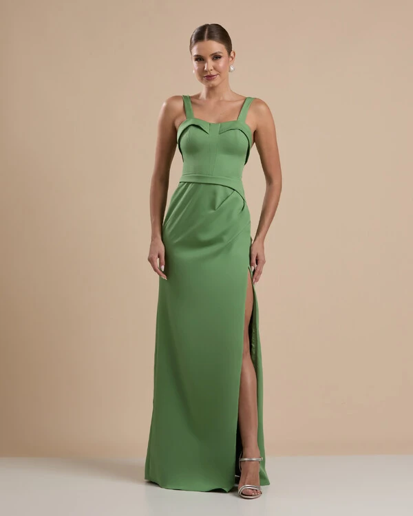 Vestido de Festa Longo Alfaiataria Decote Coração com Alças e Fenda Verde Matcha