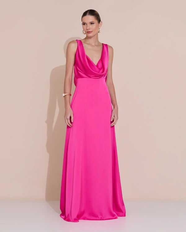 Vestido de Festa Longo Cetim Fluido Degagê Pink