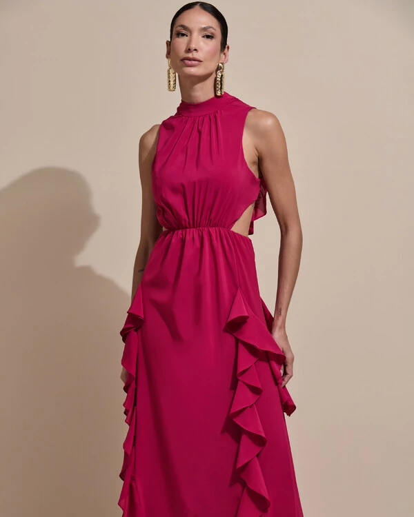 Vestido de Festa Longo Gola Alta Crepe Chiffon Recortes Babados Cascata Cereja