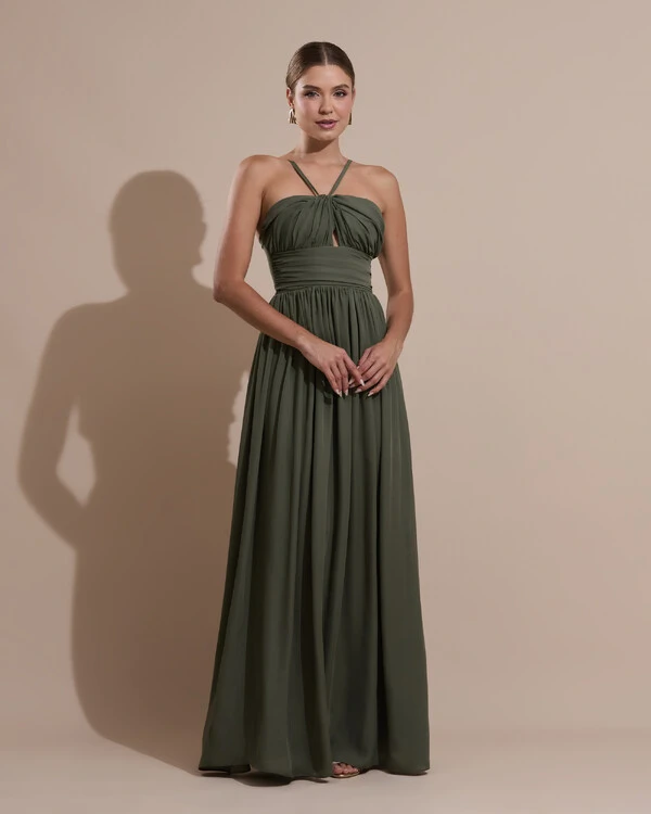 Vestido de Festa Longo Crepe Chiffon Drapeado com Alças Finas Verde Oliva