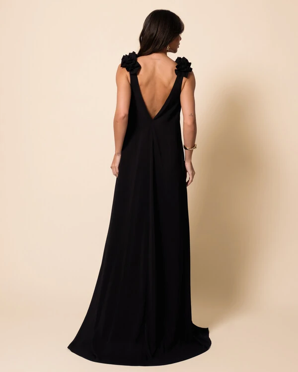 Vestido de Festa Longo Crepe Chiffon Fluido Decote em V Flores Preto