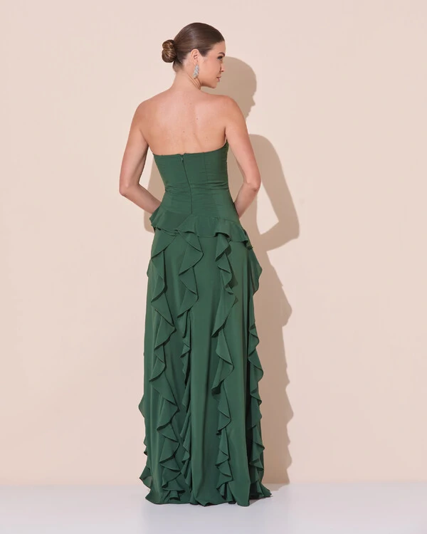 Vestido de festa Longo Tomara que Caia Crepe Chiffon com Babados Cascata e Fenda Verde Escuro New
