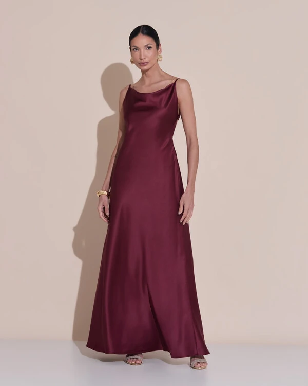 Vestido de Festa Midi Fivela Costas Cetim Marsala