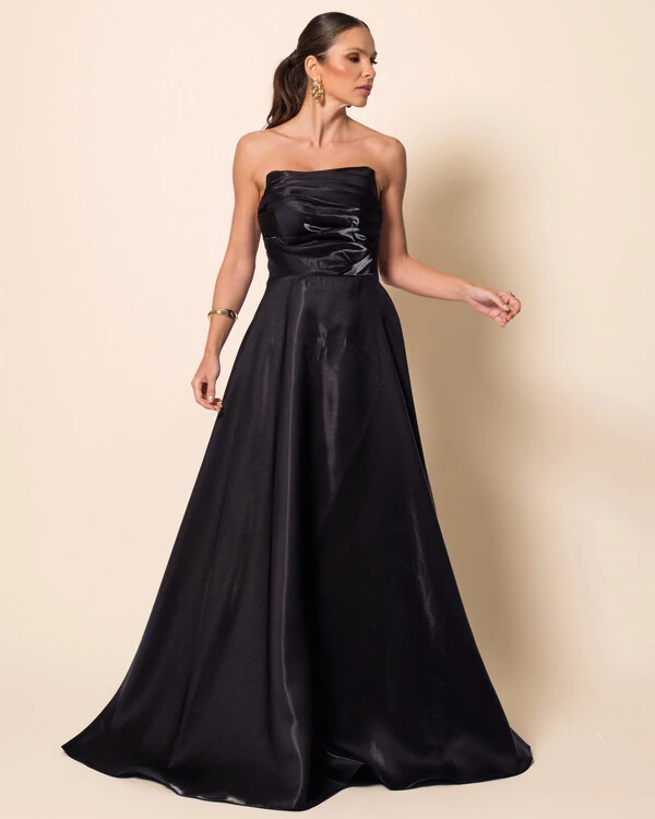 Vestido de Festa Longo Cetim Cristal Tomara que Caia Drapeado Preto