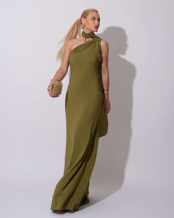 Vestido de Festa Longo Crepe Chiffon Um Ombro Só Drapeado Lenço Fixo Verde Oliva