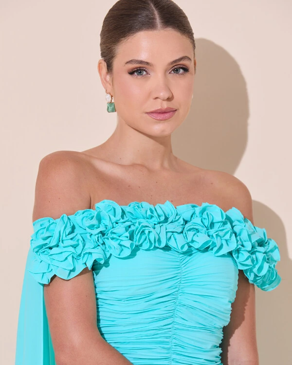 Vestido de Festa Longo Ombro a Ombro Plissado Crepe Chiffon Capa Flor 3D Tiffany