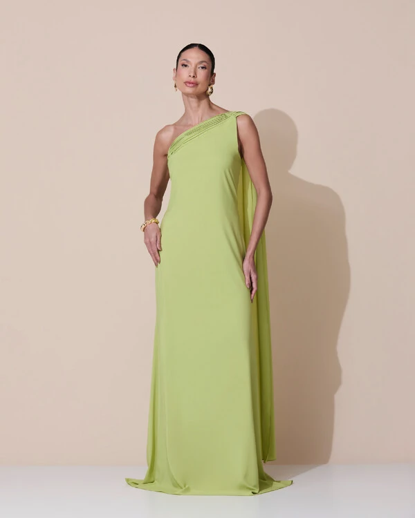 Vestido de Festa Longo Crepe Chiffon Um Ombro Só Drapeado Verde Claro