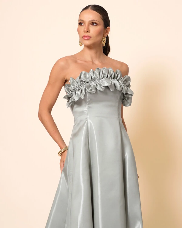 Vestido de Festa Longo Cetim Cristal Tomara que Caia com Flor 3D Verde Menta