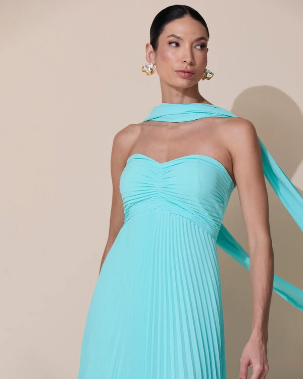 Vestido de Festa Longo Tomara que Caia Plissado com Lenço Verde Tiffany