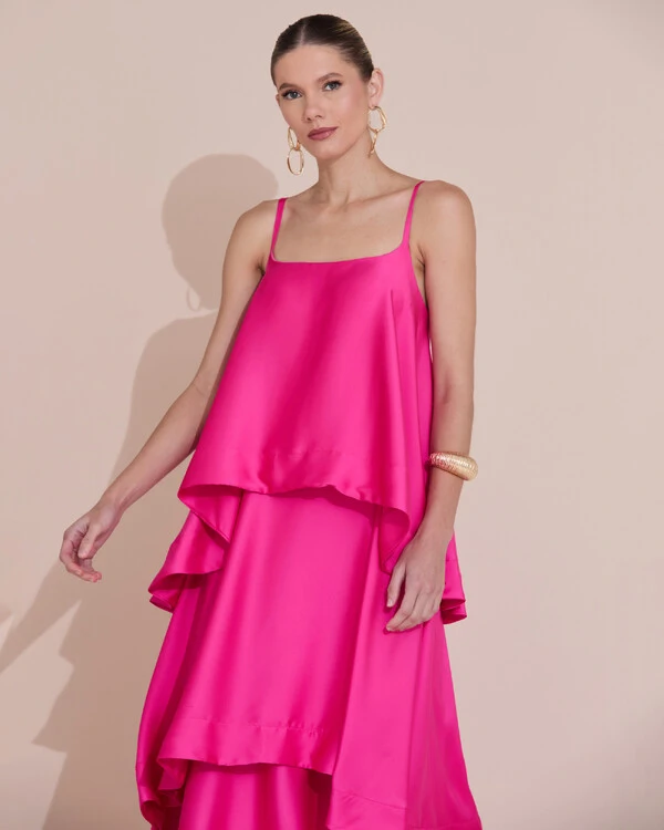 Vestido de Festa Longo Decote Reto Alças Finas Cetim Camadas Pink