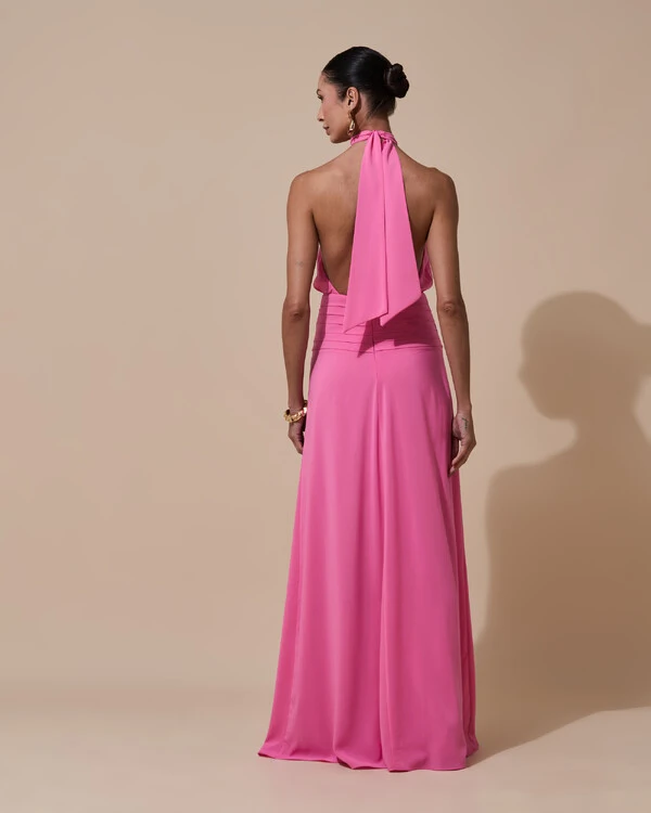 Vestido de Festa Longo Frente Única Busto Blousê Crepe Chiffon Drapeado Rosa