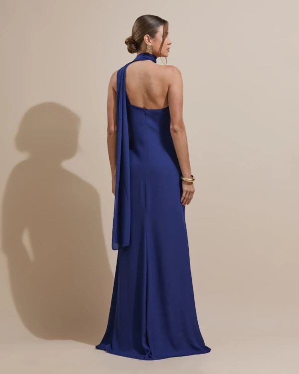 Vestido de Festa Longo Crepe Chiffon Um Ombro Só Drapeado Azul Marinho