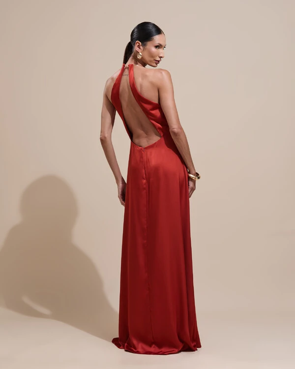 Vestido de Festa Longo Cetim Fluido com Argola Frente Única Terracota