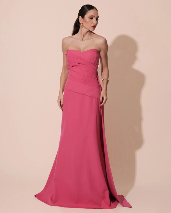 Vestido de Festa Longo Alfaiataria Tomara que Caia Drapeado Faixa Pink