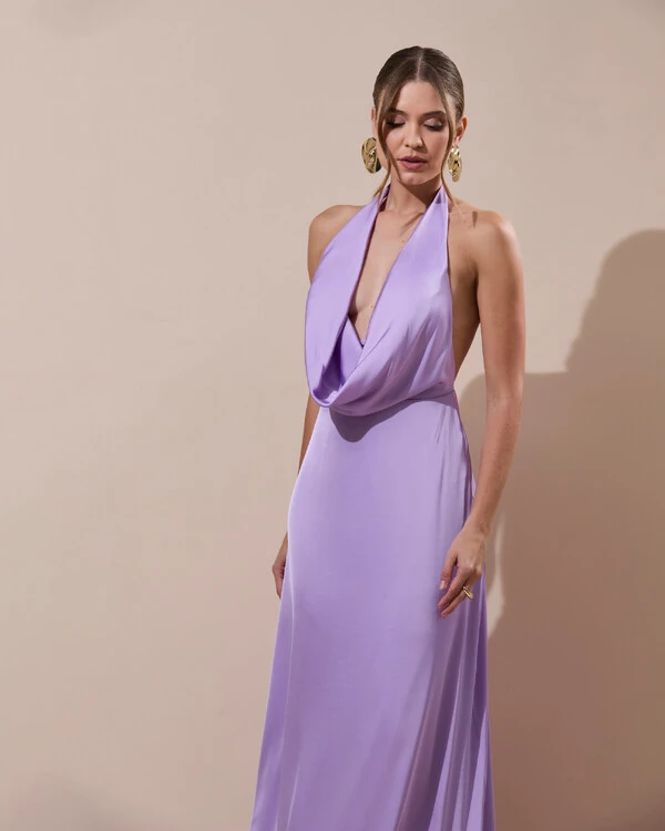 Vestido de Festa Longo Frente Única Degagê Cetim Fluido Lilás