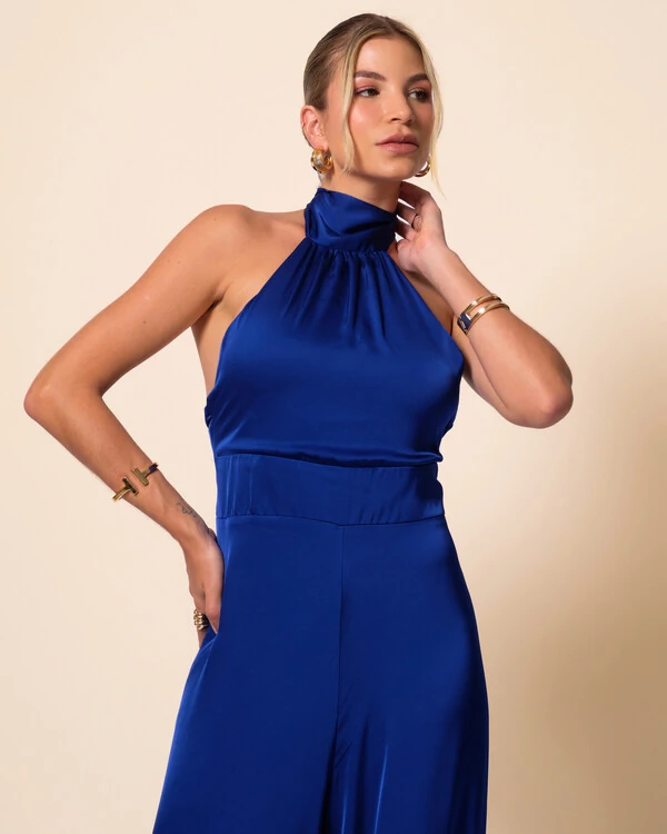 Macacão de Festa Longo em Cetim Fluido com Gola Alta e Lenço Azul Royal New