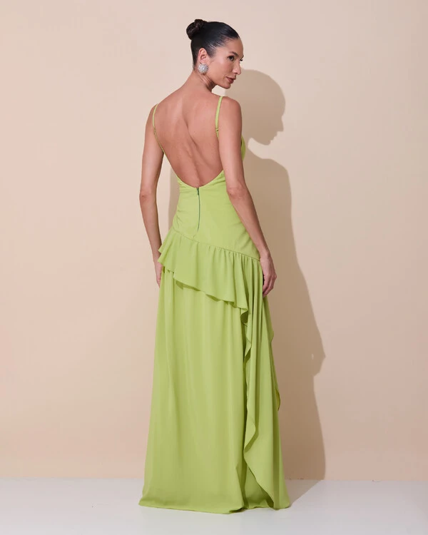 Vestido de Festa Longo Decote Drapeado Crepe Chiffon Fenda Babado Camadas Verde Claro