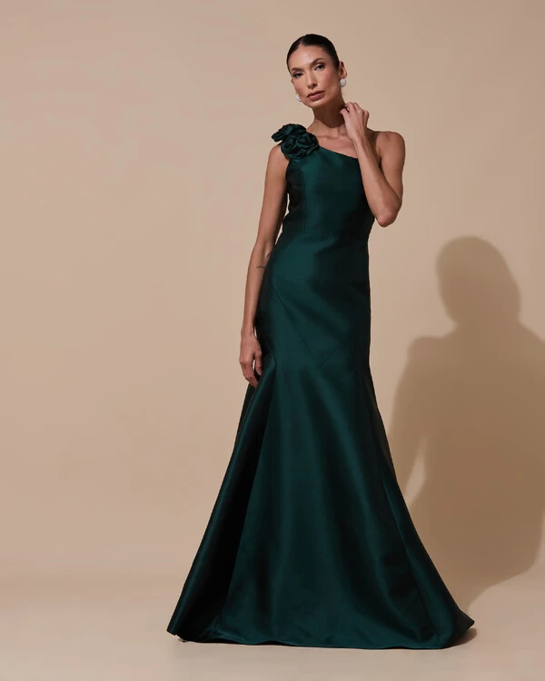 Vestido de Festa Longo Zibeline um Ombro Só Flor Removível Saia Sereia Verde Escuro