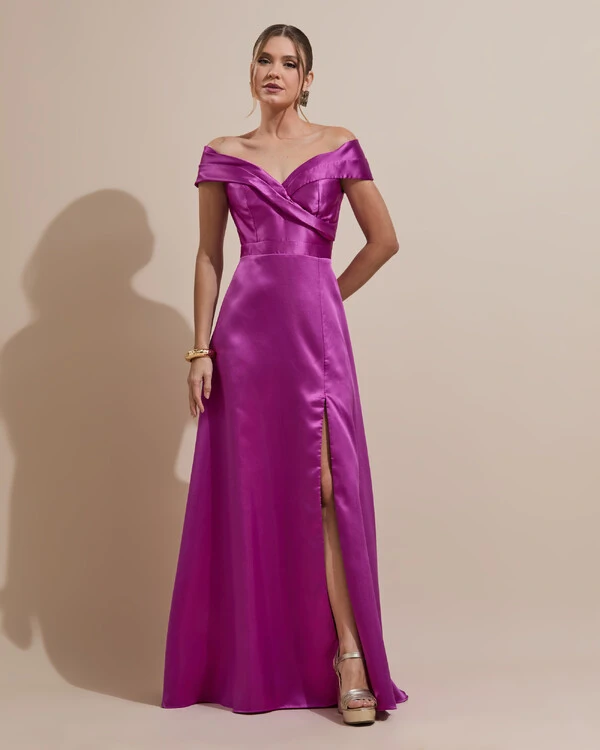Vestido de Festa Longo Zibeline Ombro a Ombro com Fenda Fúcsia