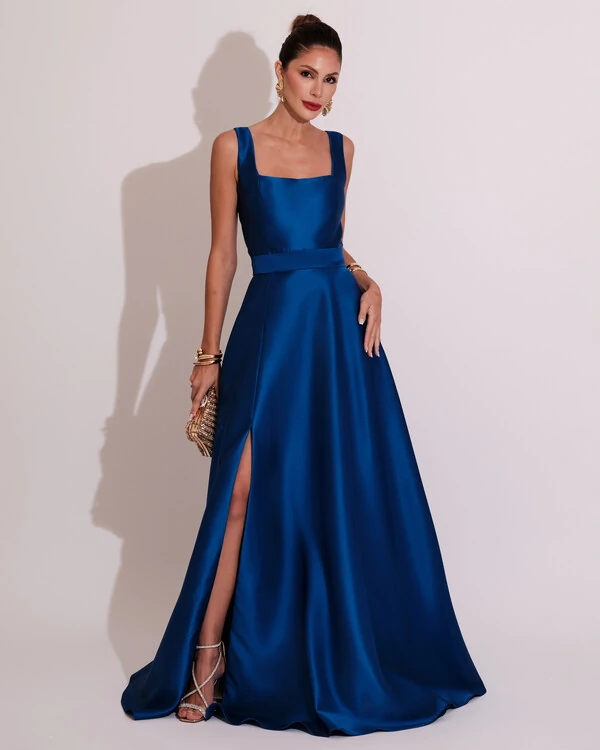 Vestido de Festa Longo Zibeline com Fenda e Faixa Azul Royal