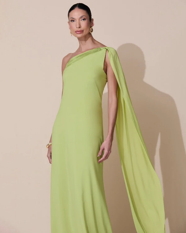 Vestido de Festa Longo Crepe Chiffon Um Ombro Só Drapeado Verde Claro