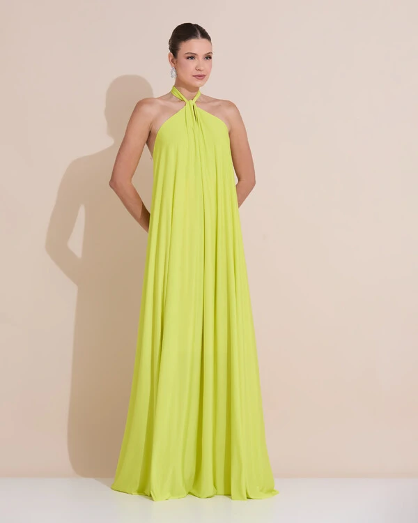 Vestido Longo com Amarração em Malha Verde Lima