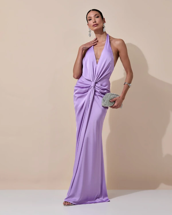 Vestido de Festa Longo Frente Única Decote V Cetim Drapeado Faixa Lilás