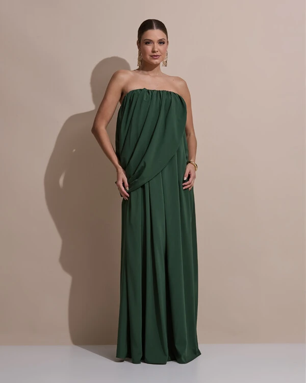 Vestido de Festa Longo Tomara Que Caia Crepe Chiffon Drapeado Verde Militar