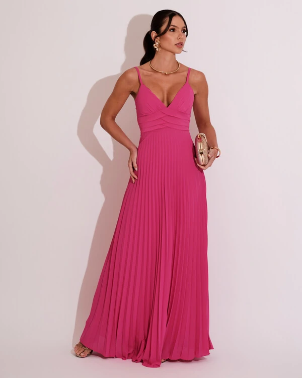 Vestido de Festa Longo Plissado Crepe Chiffon com Alça Hot Pink
