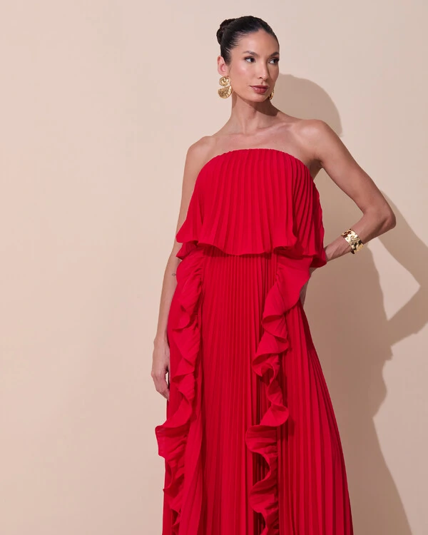Vestido de Festa Longo Crepe Chiffon Tomara que Caia Plissado com Babado Cascata Vermelho