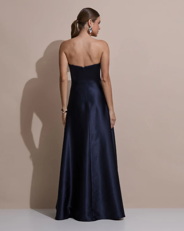 Vestido de Festa Longo Tomara que Caia Decote Coração Cetim Cruzado Costas Azul Marinho Escuro