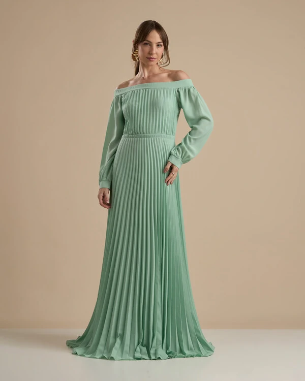 Vestido de Festa Longo Crepe Chiffon Plissado Ombro a Ombro Verde Menta