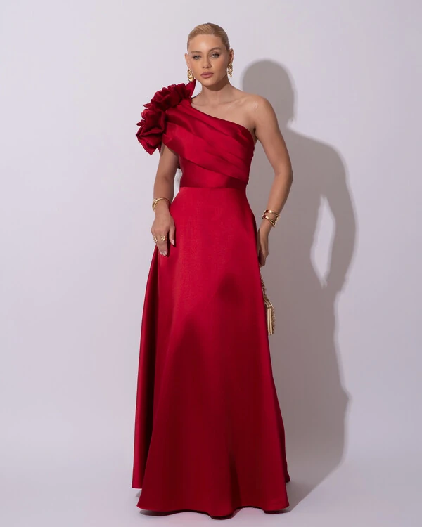 Vestido de Festa Longo Zibeline um Ombro Só Flor Drapeado Marsala