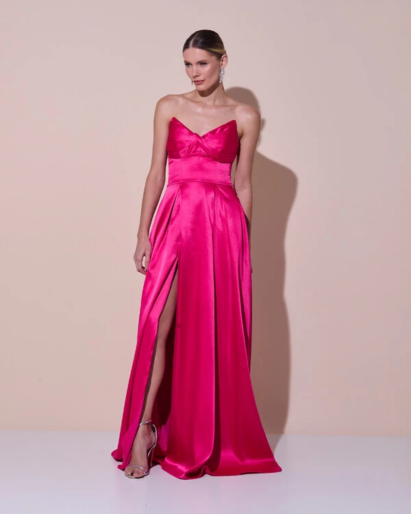 Vestido de Festa Longo Tomara que Caia Cetim Decote Coração Fenda Pink
