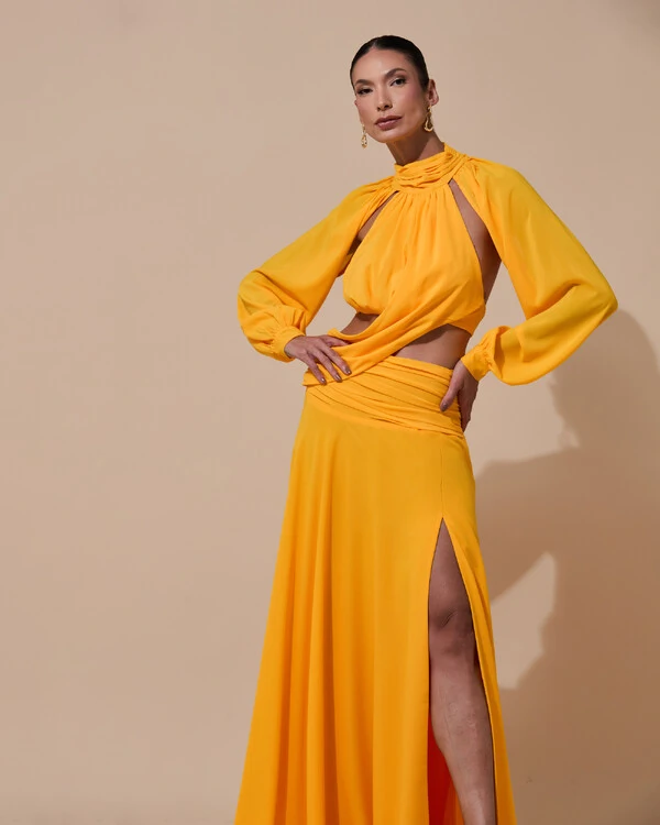 Vestido de Festa Longo Gola Alta Crepe Chiffon Recortes Drapeado Manga Longa Fenda Laranja Manga New