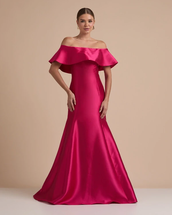 Vestido de Festa Longo Zibeline Ombro a Ombro com Babado Pink New