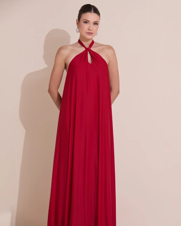 Vestido Longo com Amarração em Malha Vermelho