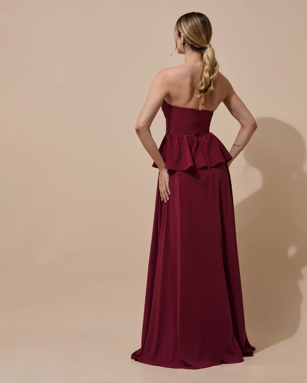 Vestido de Festa Longo Crepe Chiffon Tomara que Caia Peplum Drapeado Marsala New